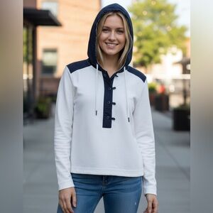 L-RL Lauren Active Women Zip/Button 1/2 Front White Black Hoodie Size Small